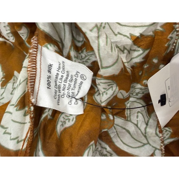 Hannah Artwear Silk Floral Mini Dress Ochre Brown Woodblock Print Size 1 - Picture 8 of 9